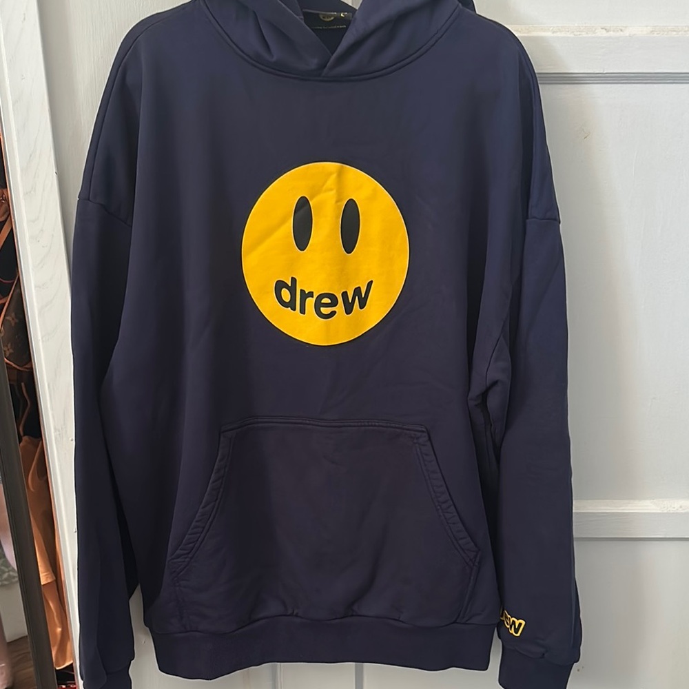 drew house Navy Pullover Hoodie with Yellow Smile Emblem